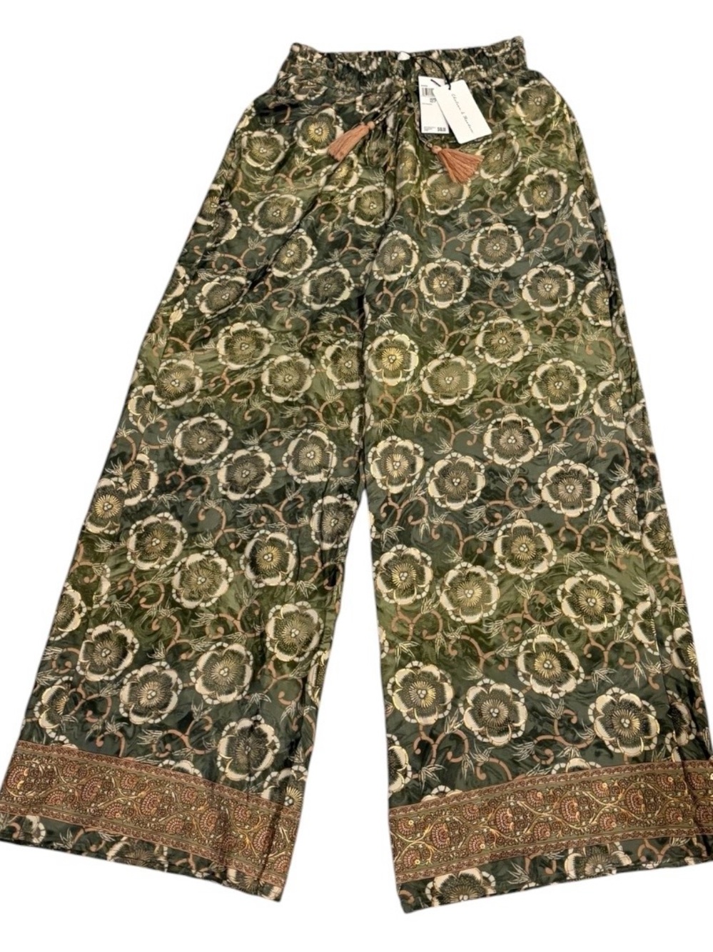 Chelsea & Theodore NWT Floral Wide Leg Pull-On Pants Green XS Boho Tassel
